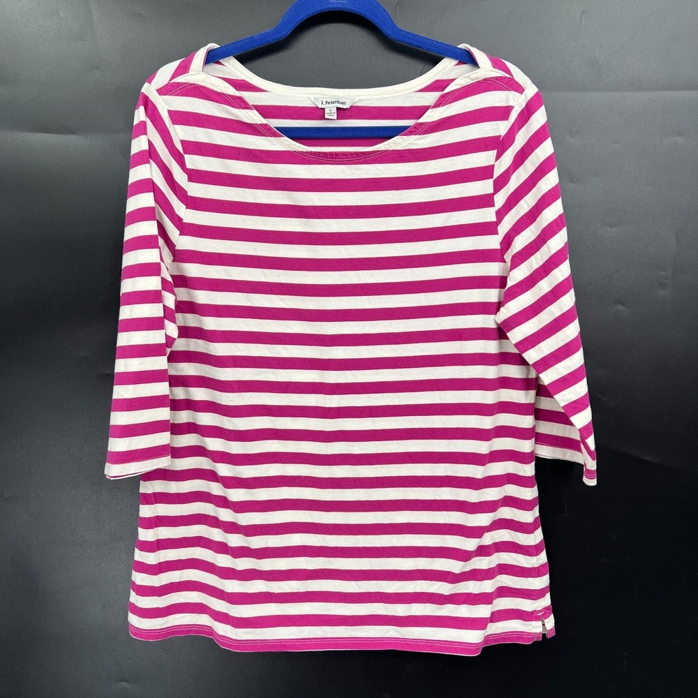 J. Peterman pink white striped boatneck 3/4 sleeve t-shirt top preppy casual L